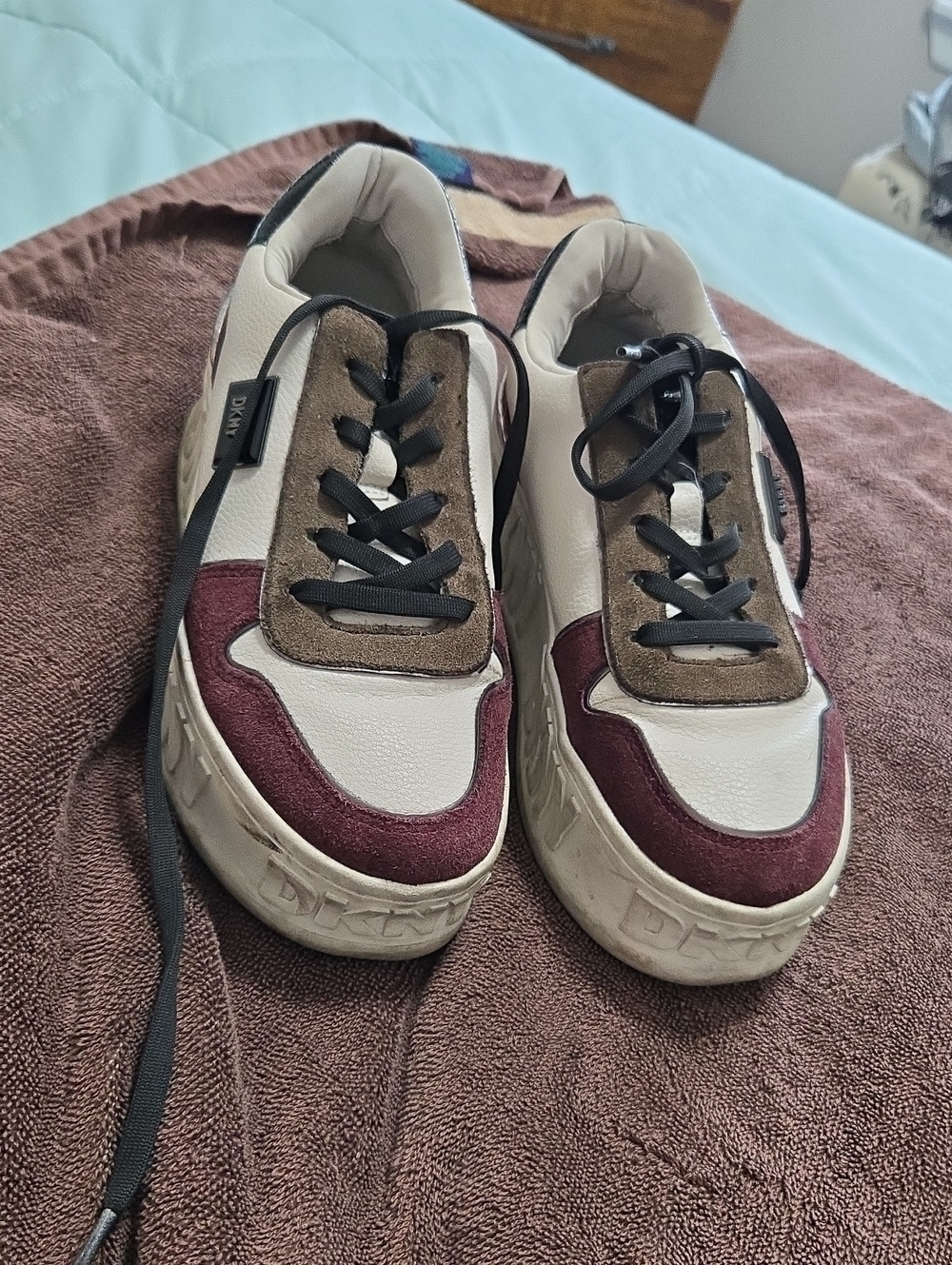 Womans DKNY Casual Platform Leather & Suede Sneakers in White, Brown & Burgundy